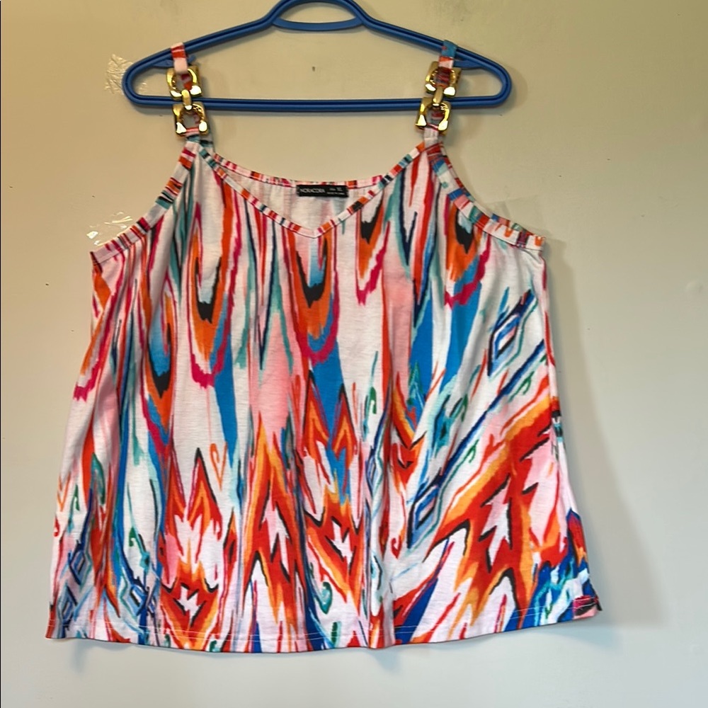 Nora Cora vibrantly patterned top gold plastic trim V-neck size XL like new